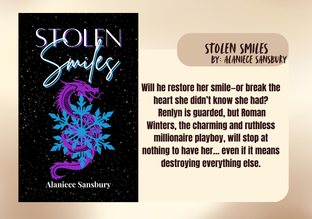 Book cover of 'Stolen Smiles' with a purple dragon design on a black background, accompanied by a brief description.