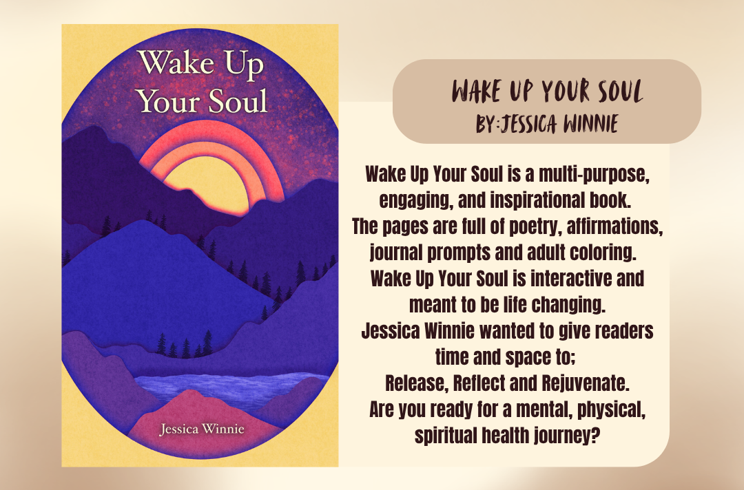 Book cover of 'Wake Up Your Soul' with a sunset over mountains illustration and text about the book.