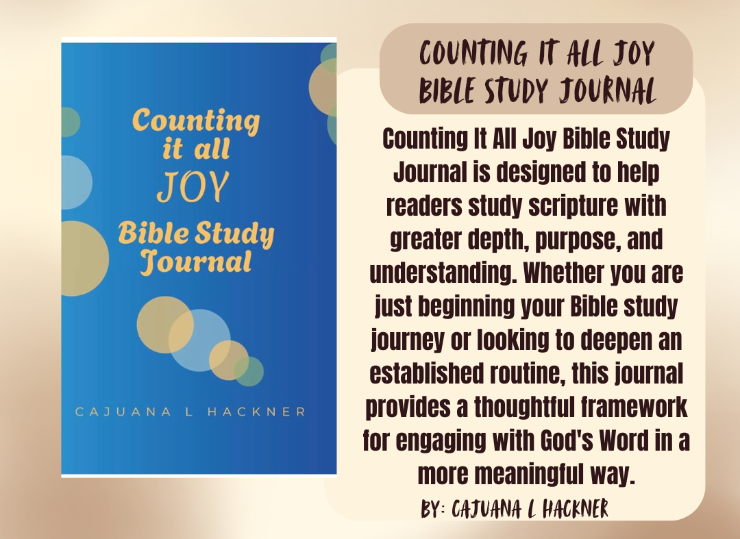 A book cover for the 'Counting it All Joy Bible Study Journal' by Cajuana L. Hackner is shown on a beige background with a descriptive text panel to the right.