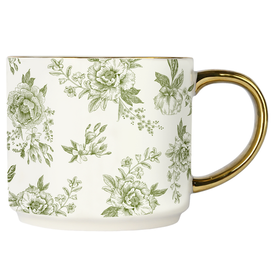Elegant 17oz ceramic mug with green Delft design on white bone china,Gold detailed handle and botanical design on Green Delft tea mug
