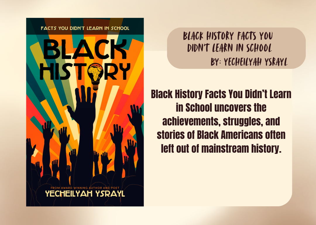 Book cover of 'Black History Facts You Didn't Learn in School' with silhouettes of raised hands against a colorful background.
