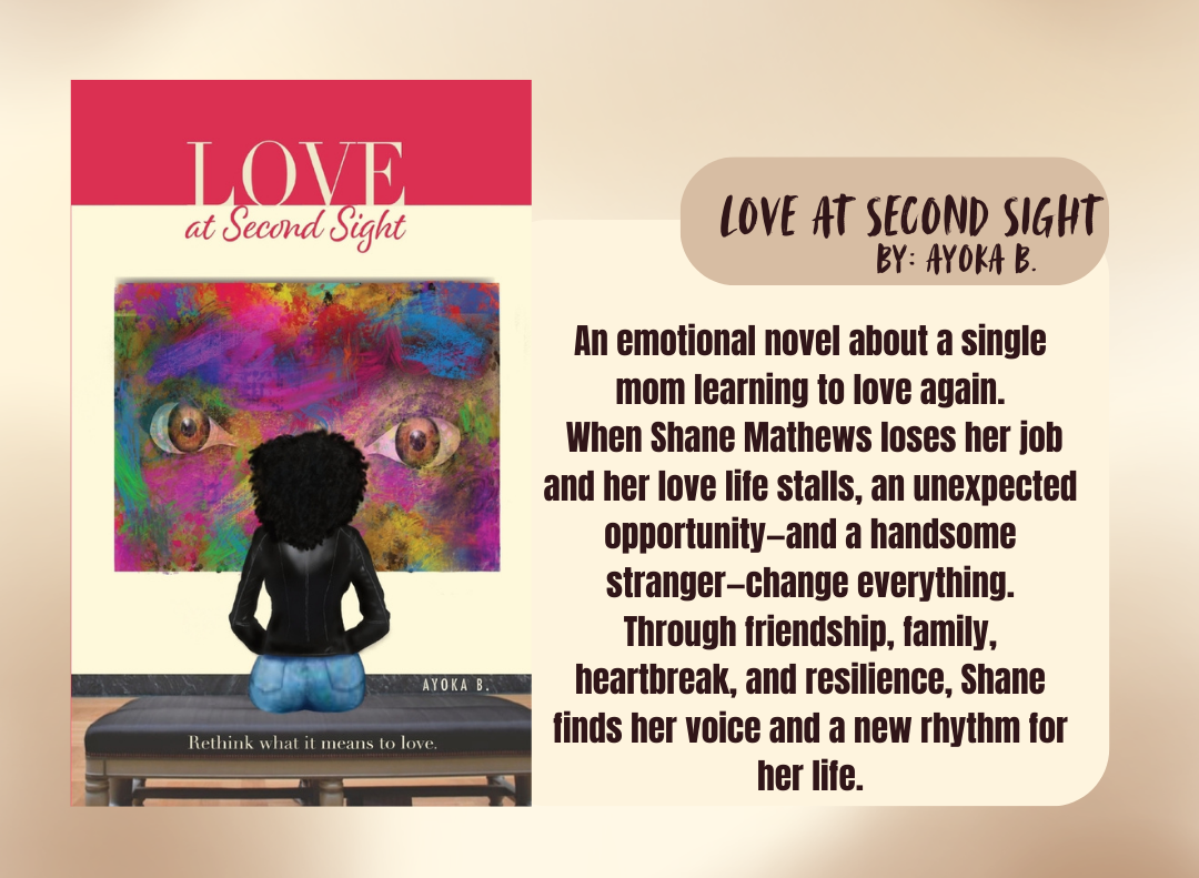 Book cover of 'Love at Second Sight' with a description of the book's plot on a beige background.