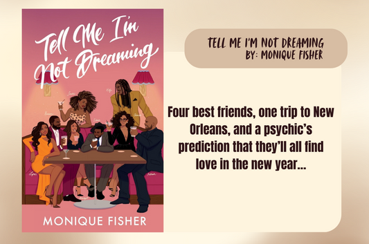 Book cover of 'Tell Me I'm Not Dreaming' by Monique Fisher with a group of people around a table.