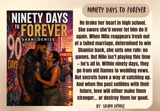 Book cover and synopsis for 'Ninety Days to Forever' by Shani Denise, displayed on a warm beige background. The cover features a romantic couple in front of a colorful city street at night, and the synopsis is written in a clean serif font on a cream-colored card.