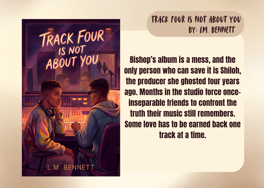 Book cover of 'Track Four is Not About You' with a description on a beige background