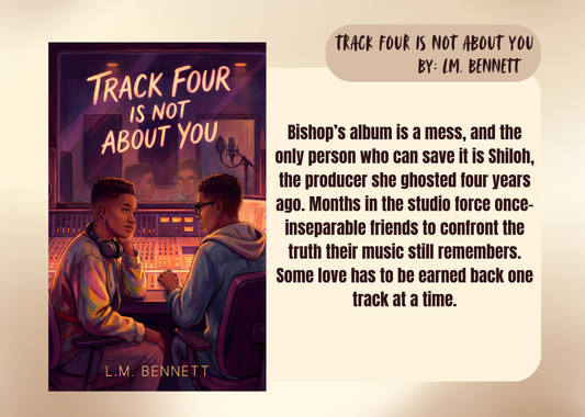 Book cover of 'Track Four is Not About You' with a description on a beige background