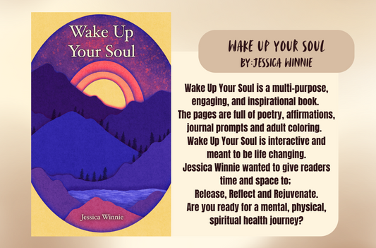 Book cover of 'Wake Up Your Soul' with a sunset over mountains illustration and text about the book.