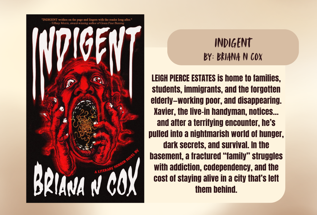 Book cover of 'Indigent' by Briana N Cox with a red and black design on a beige background.
