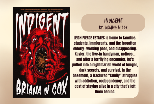 Book cover of 'Indigent' by Briana N Cox with a red and black design on a beige background.