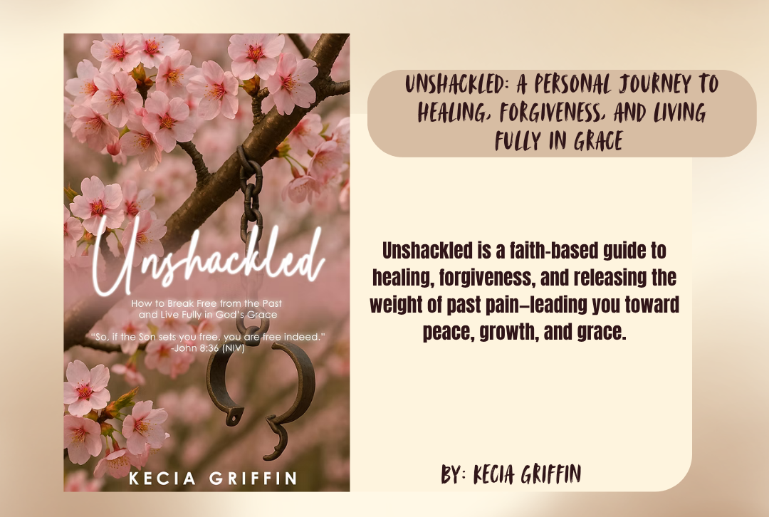 Book cover of 'Unshackled' with cherry blossoms and text about the book's content.