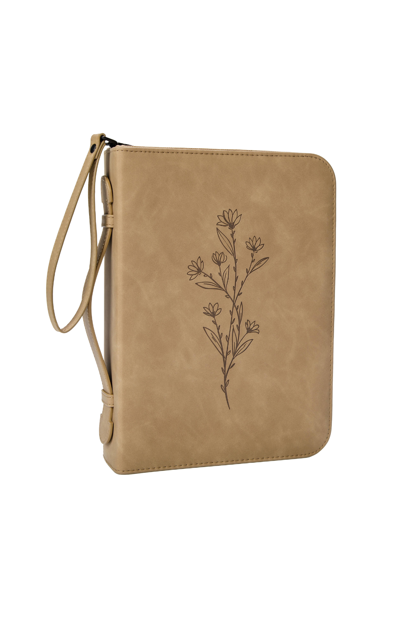 Floral Bible Case Cover in soft brown PU leather with heat-stamped floral design, detachable wristlet, and spine handle for easy carrying.
