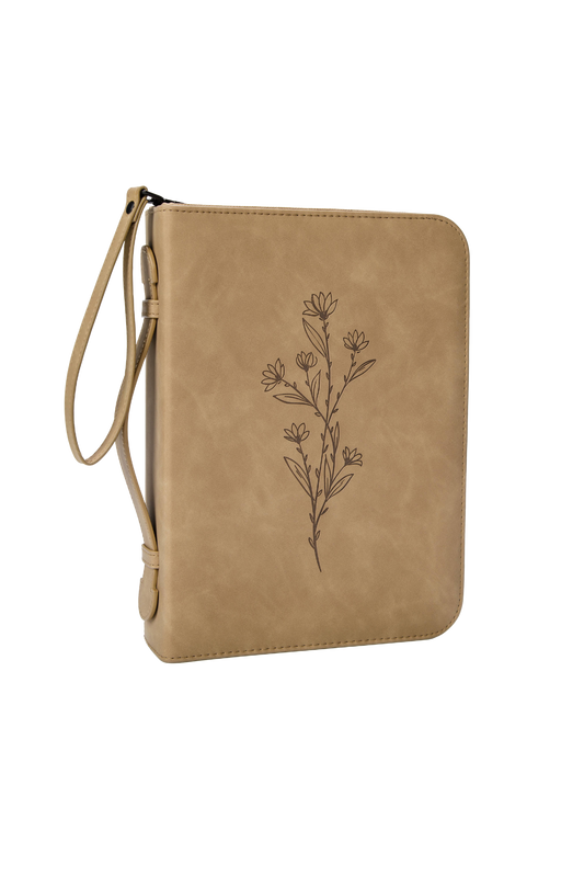 Floral Bible Case Cover in soft brown PU leather with heat-stamped floral design, detachable wristlet, and spine handle for easy carrying.