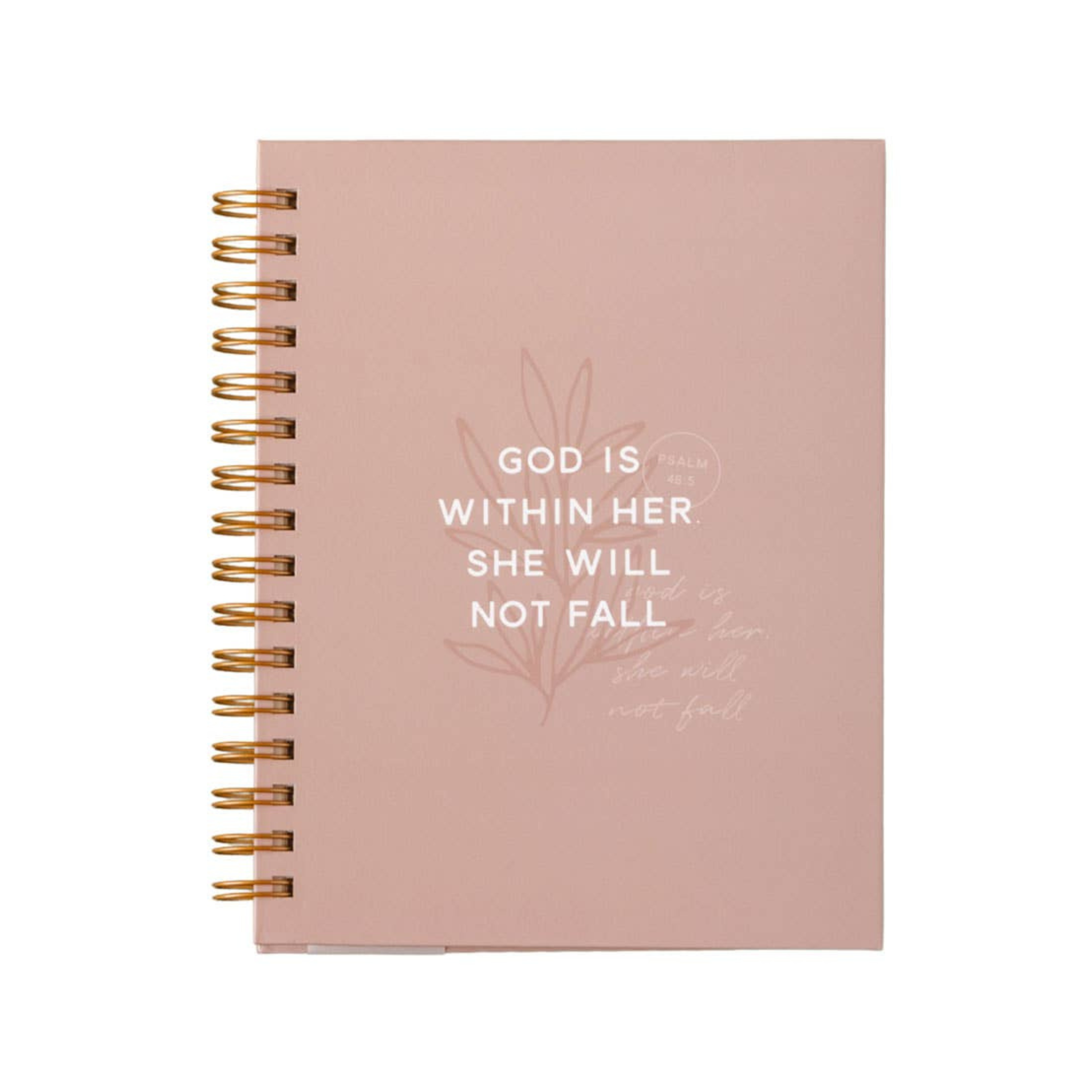 Pink notebook with gold spiral binding and motivational quote on a white background