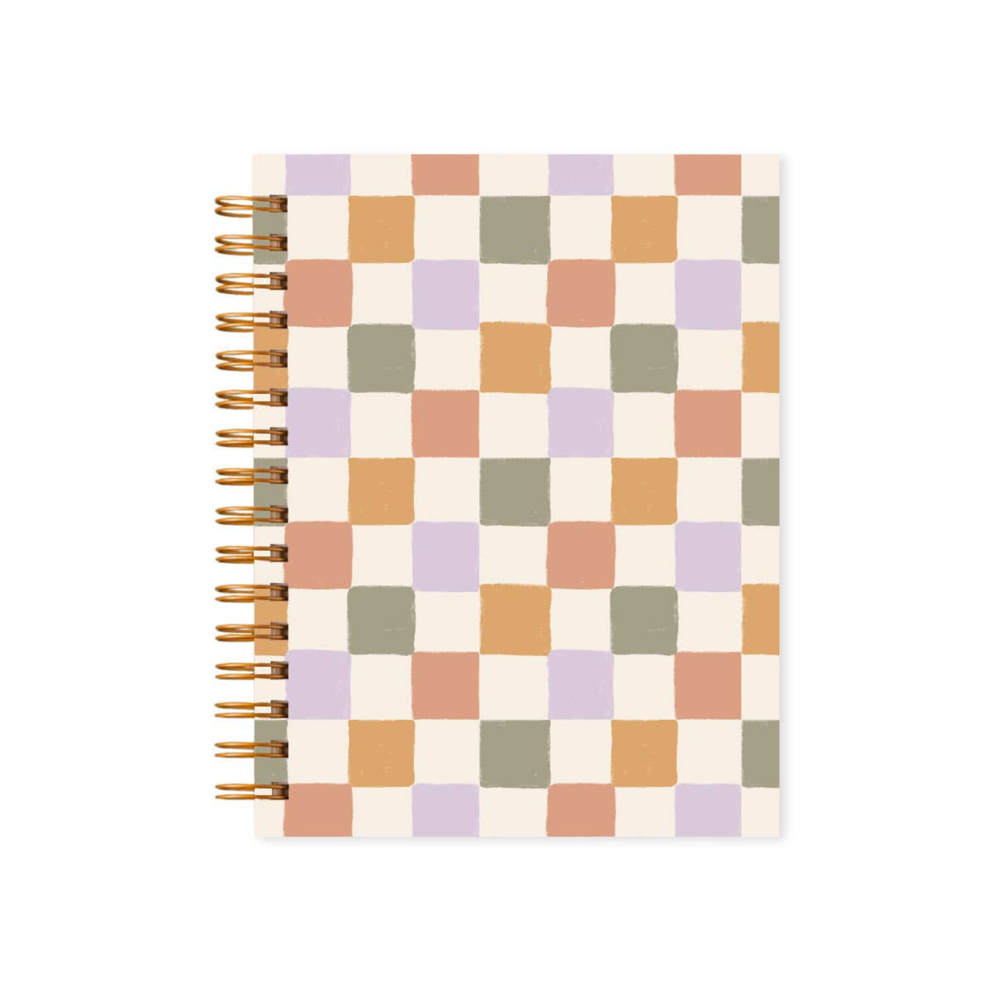 Checkered notebook with a spiral binding on a white background