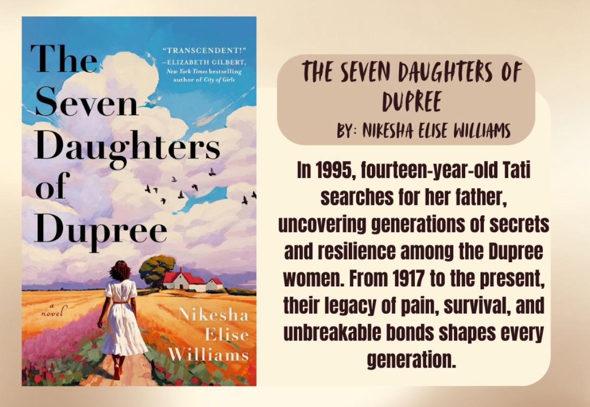 Book cover of 'The Seven Daughters of Dupree' with a description of the book's plot.