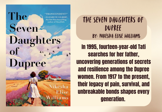 Book cover of 'The Seven Daughters of Dupree' with a description of the book's plot.
